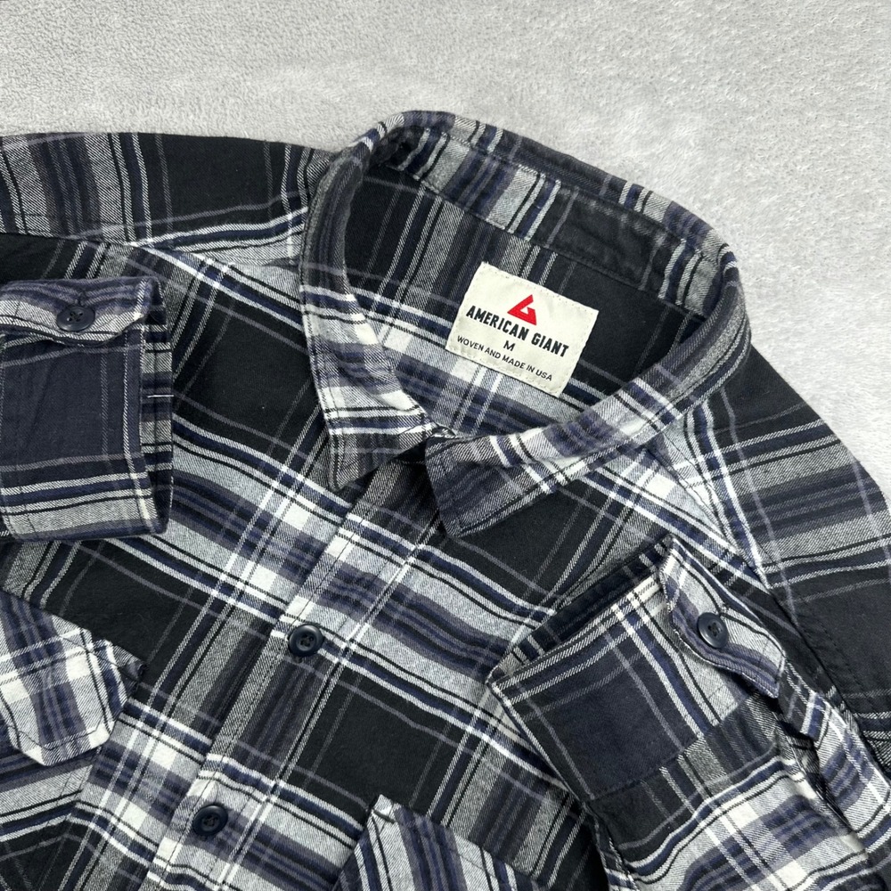 American Giant Black, Gray & Blue Plaid Button-Down Shirt